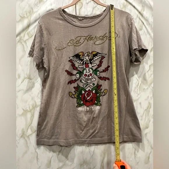 Ed Hardy Y2K vintage tee skull rose red green gold grey casual short sleeve Med - Picture 4 of 9